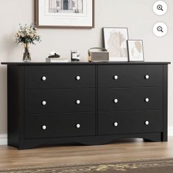Black Rustic Modern Chest of 6 Drawers,Extra Wide Double Dresser