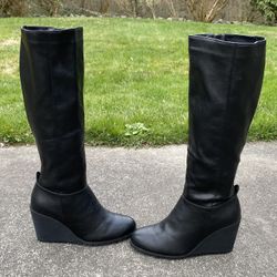 CALL IT SPRING LADIES BLACK VEGAN LEATHER FAUX FUR LINED SIDE ZIP WEDGE BOOTS 11