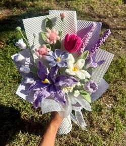 Crocheted purple lily and tulips bouquet
