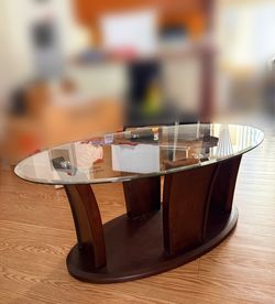 Glass Coffee Table w/ Dark Oak Base - Espresso Color