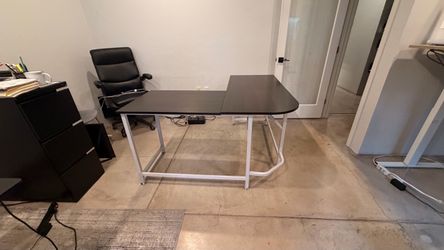 L-Shaped Office Desk Dark Top White Frame