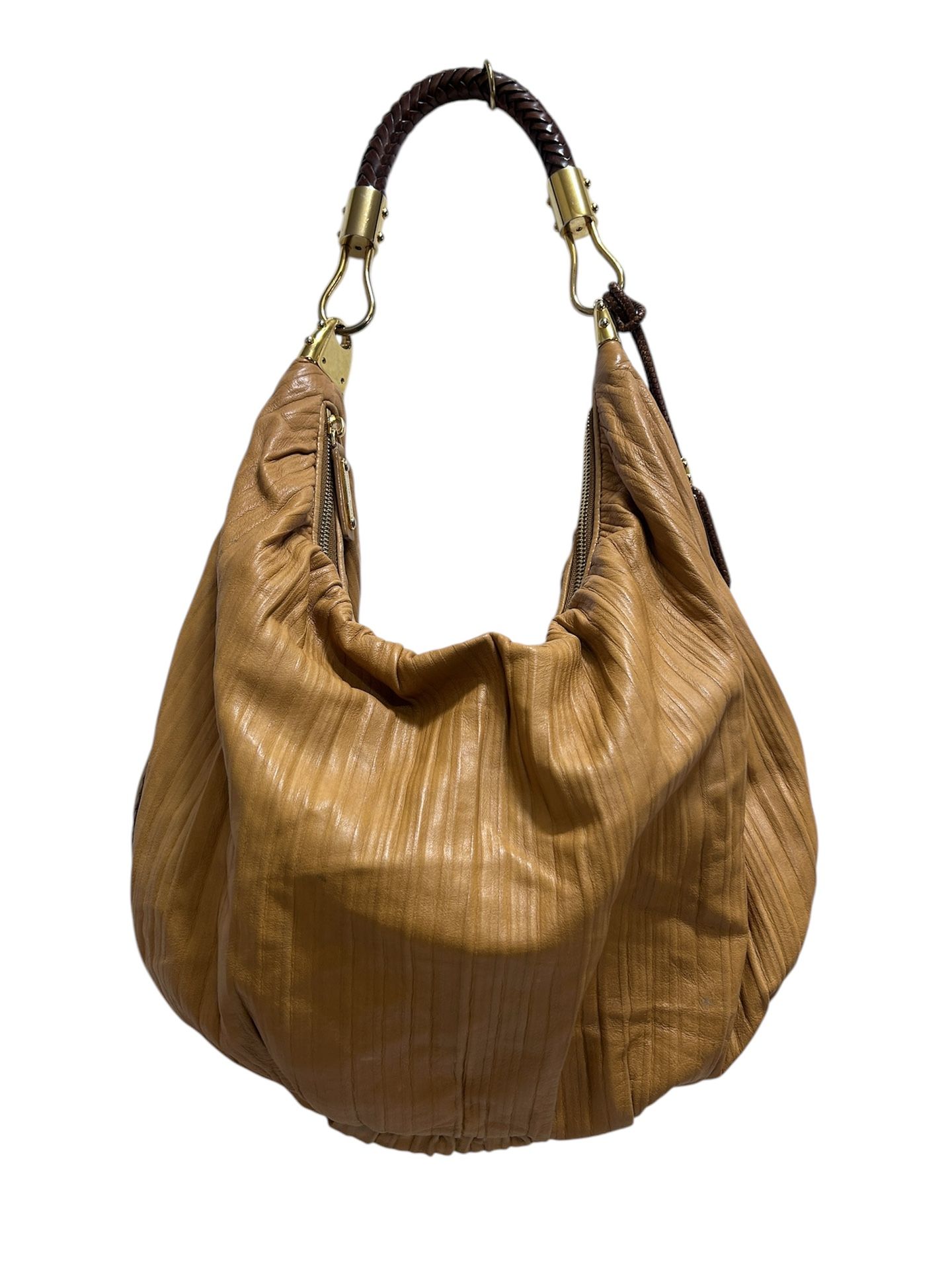 Michael Kors Women's Skorpios Crescent Hobo Tan Leather Handbag Braided Handle