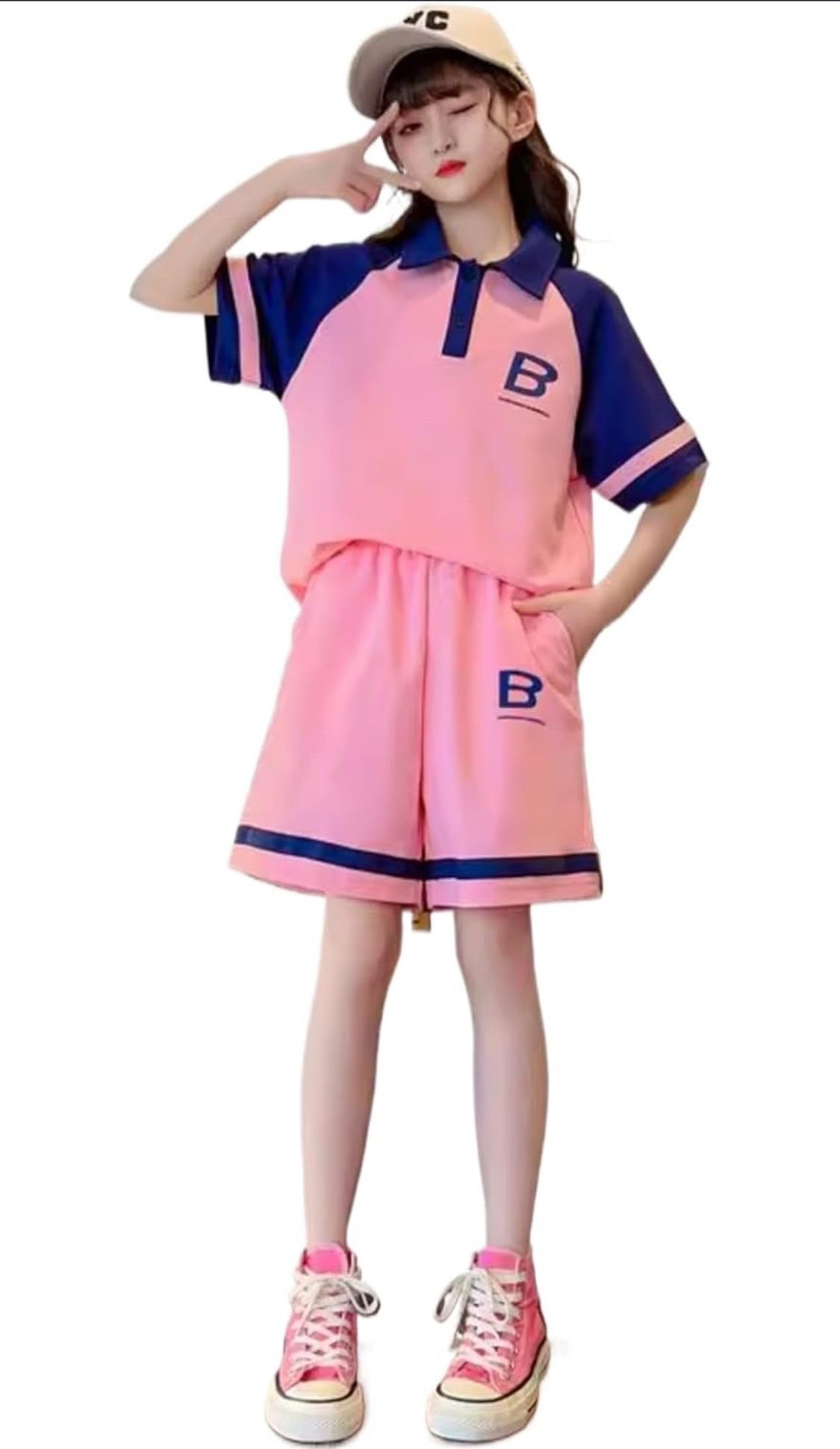 13-14y Girls Summer Sports Two-Piece Fashion Printing Short Sleeve Shorts Girls Casual Loose Suit