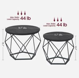 VASAGLE Small Round Coffee Table w/ Steel Frame Set of 2 - Charcoal Gray and Ink Black