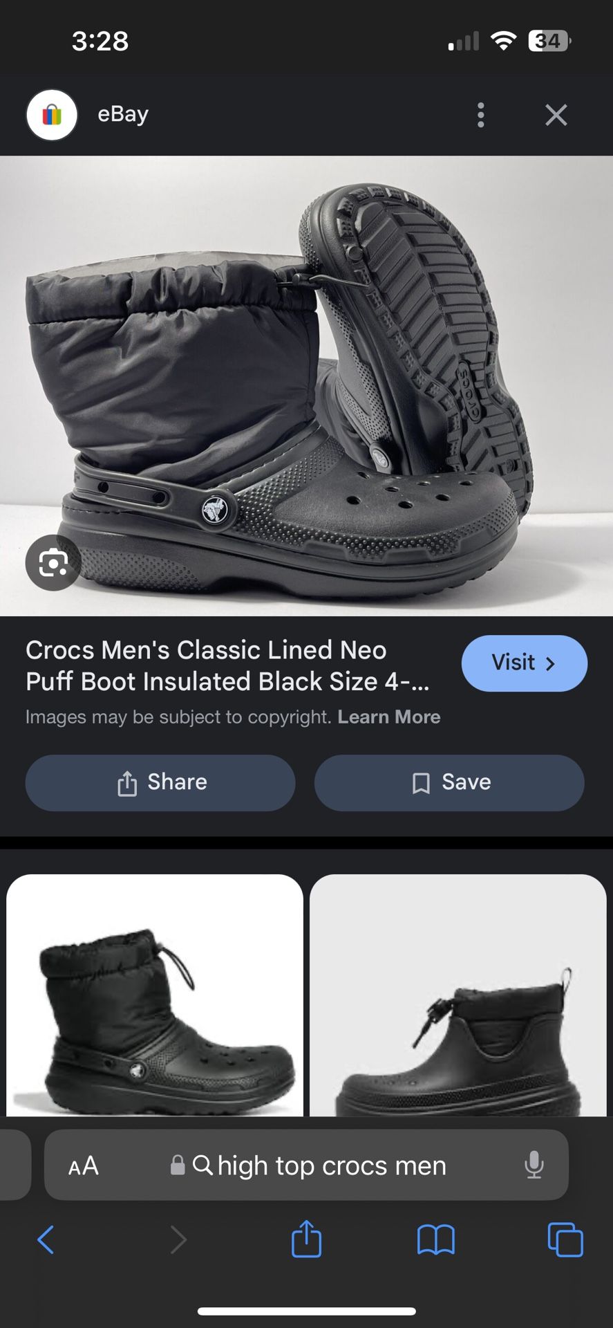 Men Crocs Classic Puff Boots Size 12