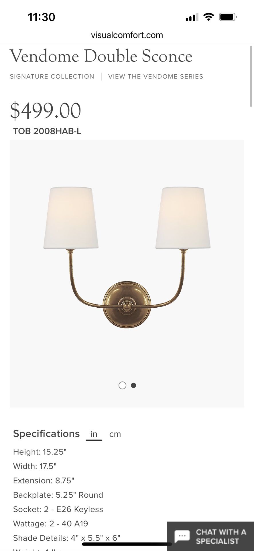 Brand New Visual Comfort Vendome Double Sconce