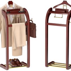 Suit Valet Stand for Men, Wood Mens Valet Stand with Base, Contour Hanger, Tray, Trouser Bar and Tie Bar, Clothes Valet Stand for Bedroom Entryway Hom
