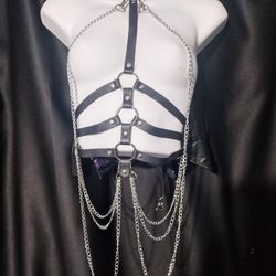 One Size Adjustable Black Strap And Silver Chain Body Chest Harness 