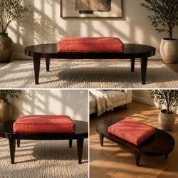 Custom Solid Wood Cocktail Bench / Coffee Table – 62” MCM Oval w/ Cushion | Designer Piece