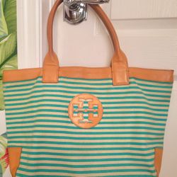 Tory Burch Syriped Canvas Leather Tote Bag