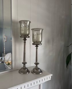 Set of 2 Silver Mercury Glass Hurricane Candle Holders