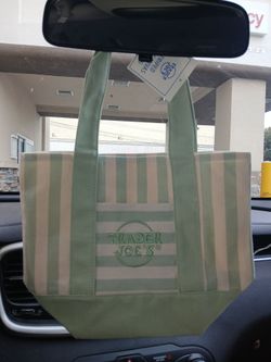 Trader joes light green mini striped canva's tote bag