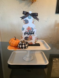 Fall wooden topiary sign and 2 pumpkins only. Tier tray is for display only $8. Tray is sold separately upon order. Pick up only