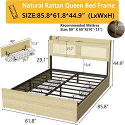 🔥Special Wooden Platform Bed Frame Queen Size with Natural Rattan Headboard, with 4 Storage Drawers & Charging Station & LED $150