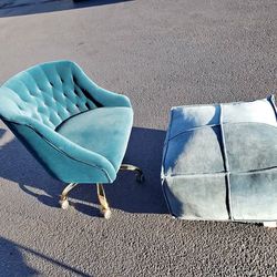 Tufted Velvet Swivel Office Chair + Matching Floor Pouf