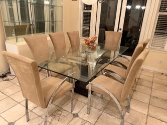 Modern Glass Top Dining Table with 6 Upholstered Chairs must pick up tomorrow