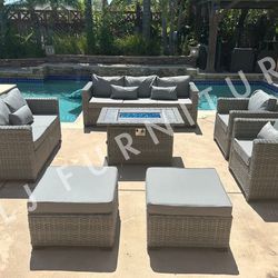 NEW🔥Outdoor Patio Furniture HDPE WICKER Grey with Grey 4" cushions and Firepit ASSEMBLED