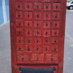 19th Century Antique Chinese Red Lacquer Apothecary Chest With 32 Drawers