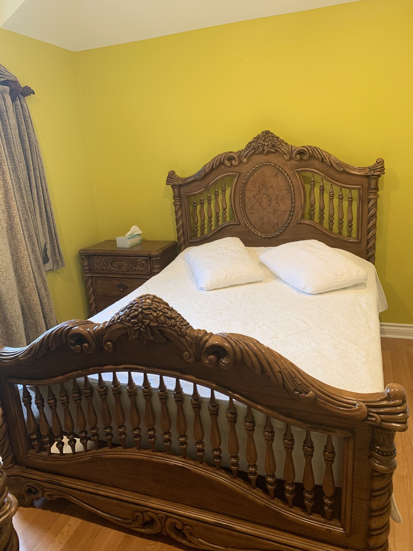 Bed frame with night stand mattress and dresser