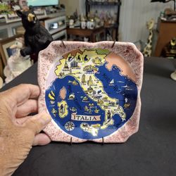 Majolica Glazed Italian Souvenir Wall Plate, Map Of Italia (Italy) Vintage Earthenware With Metal Hanger 6" Square 