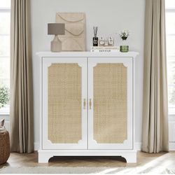 As is Modern Sideboard Buffet Cabinet with Rattan Doors and Adjustable Shelves, white 31.5 inch