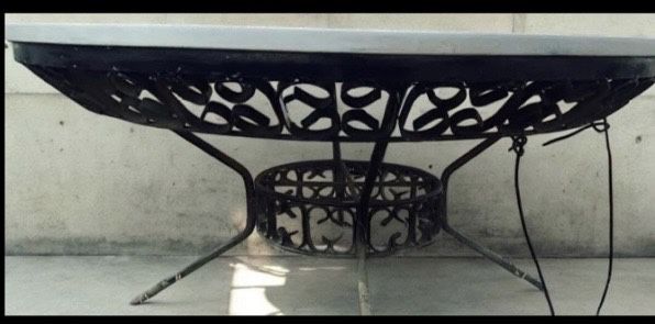 FOR SALE Vintage SOLID MATBLE IN AND OUT COFEE TABLE Iron Frame 38” Wide X 20” High Asking $350 Firm And Others ITEAMS