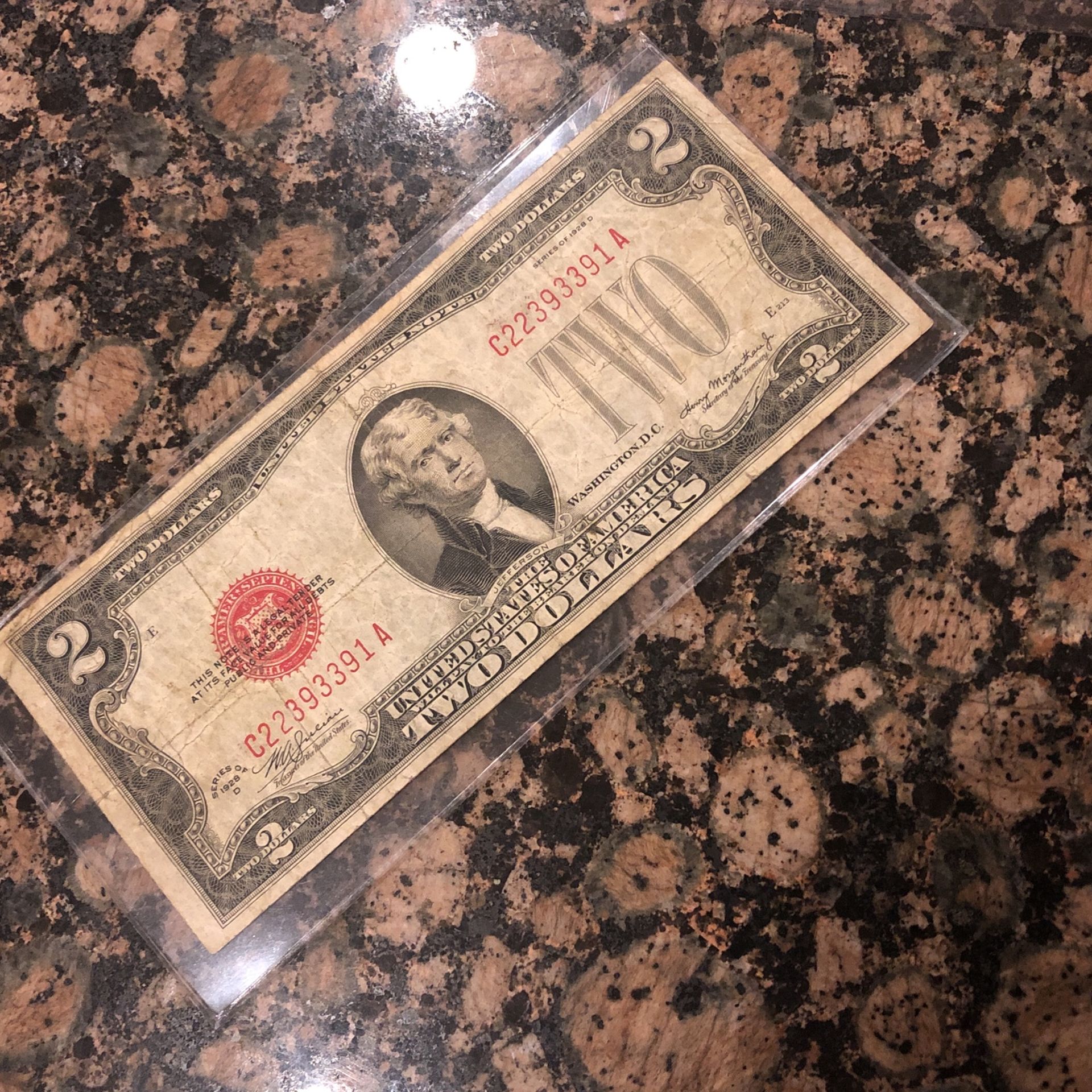 Vintage 1928 Red Seal $2 Bill