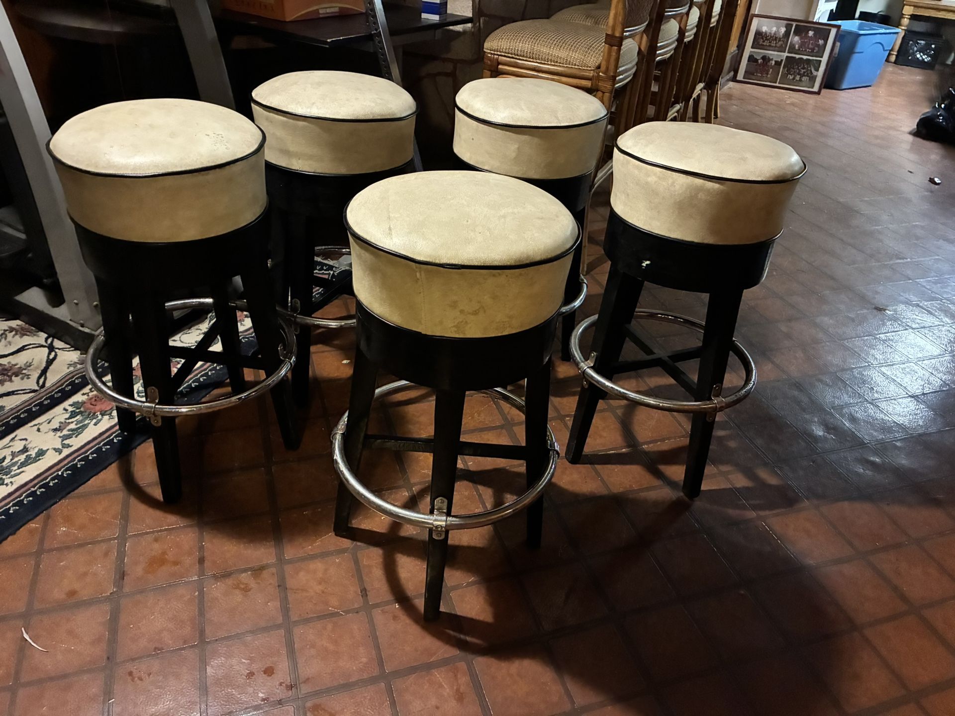 1950S Leather And Wooden Bar Stools