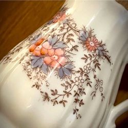 Original Vintage Pitcher Porcelain Ironstone Antique Art Cream Milk Sauce Flower Floral Creamer Red Pink Blue Ceramic Artist Artisan Transferware