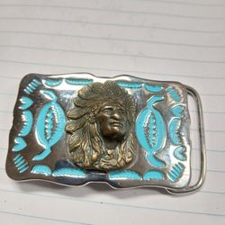 Silver And Turquoise Native American Belt Buckle 