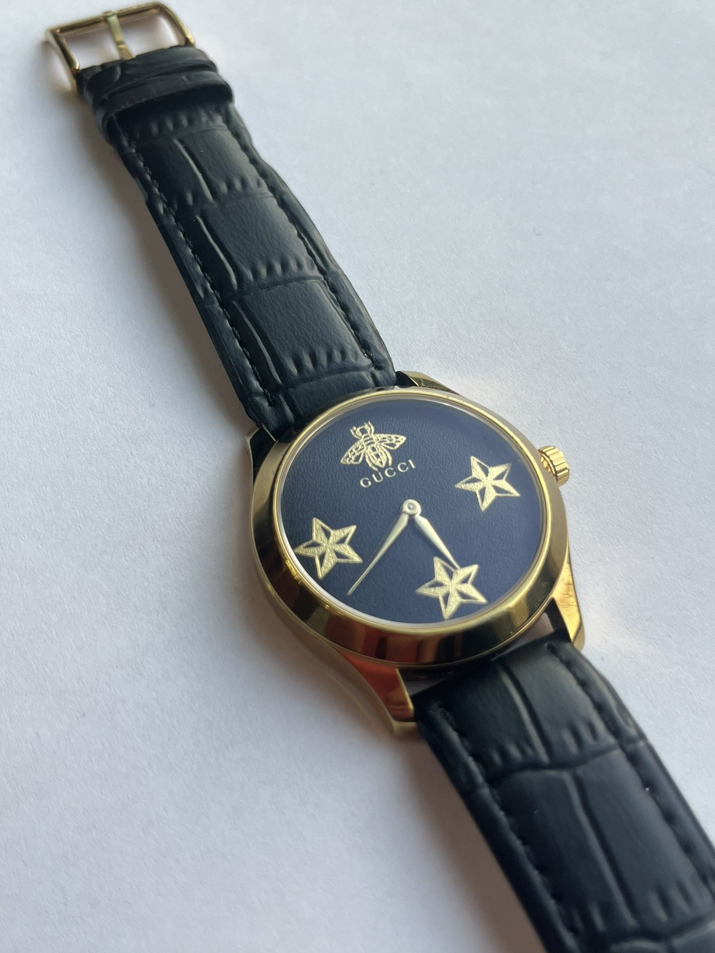 Gucci  G-Timeless Watch Gold Black Leather Strap Golden Details Bee Stars