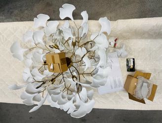 NEW 30” Gingko Leaf Chandelier - Brass Branches & Thick Porcelain Plastic Leaves $175 FIRM