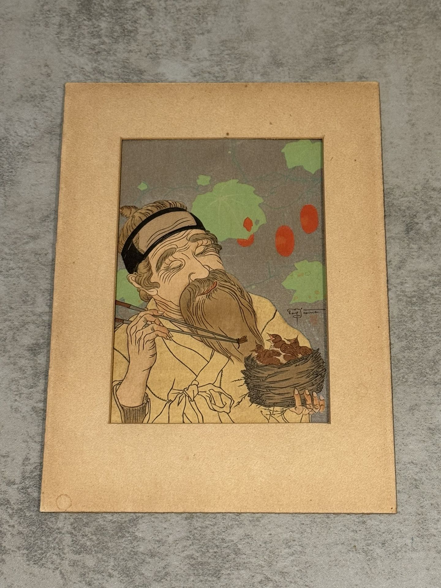 PAUL JACOULET (1(contact info removed)) Incredible Small 1941 Woodblock Print "The Nest"