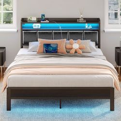 Rolanstar Queen LED Bed Frame with Charging Station & Storage (Black)