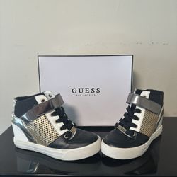 GUESS GWDIZA Wedge Sneakers Women’s Size 7M Black Gold High Top Logo Lace Up