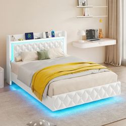 Floating Full Bed Frame with LED Lights&Power Outlet, Upholstered Pu Leather Platform Bed with Diamond Tufted Storage Headboard & Footboard, No Box Sp