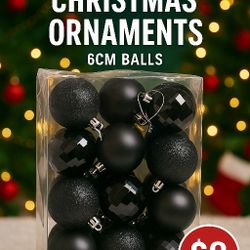 🎄 Black Christmas Ornament Set – 6cm Balls – New 🎄