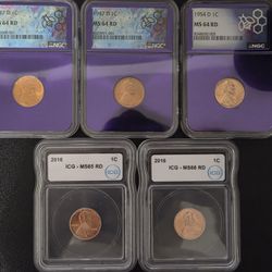 5 Slab Lot Of ICG/NGC Graded MS 64 65 66 Pennies 1C Cent