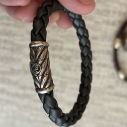 David Yurman 925 Sterling Silver Chevron Leather Bracelet