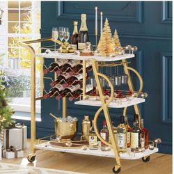 Bar Cart, Gold Bar Carts for The Home, Serving Cart with Wine Glass Holder, 3-Tier Drink Carts with Wheels, Rolling Beverage Trolley for Kitchen, Dini