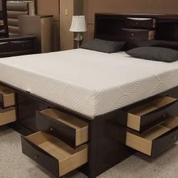 Emily Storage Platform Bedroom Set Queen Or King Bed, Dresser, Mirror, Nightstand, Chest 