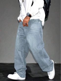 Men's Casual Vintage Loose Denim Jeans With Pockets Medium Wash / M/L)
