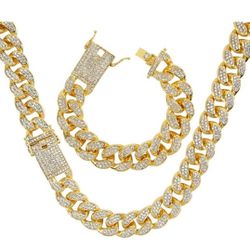 Mens 20MM Thick, 18K Gold Plated, Miami Cuban Link Chain Bracelet Set, Diamond Fully Iced Out, Never Tarnish, Never Turn Green or Black, Never Fades