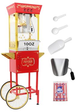 ☆ Popcorn Machine with Cart, Authentic 10oz Movie Theater Style Popcorn Maker with Warming Deck, 850W Vintage Standing Popcorn Machine for Home, Parti
