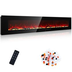 Oxhark Flame 84 Inch Recessed And Wall Mounted Realistic Electric Fireplace With Multicolor Flame, 750/1500W Thermostat & Timer, Touch Screen & Remote