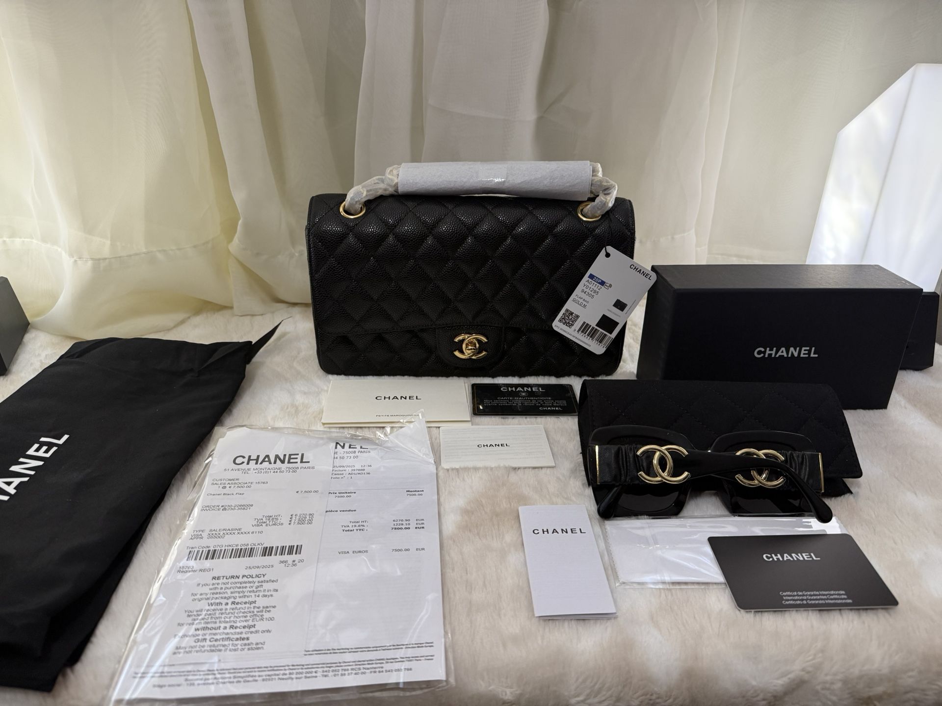 FLASH SALE: Chanel Classic Flap Caviar Leather Bag + Chanel Sunglasses Set 