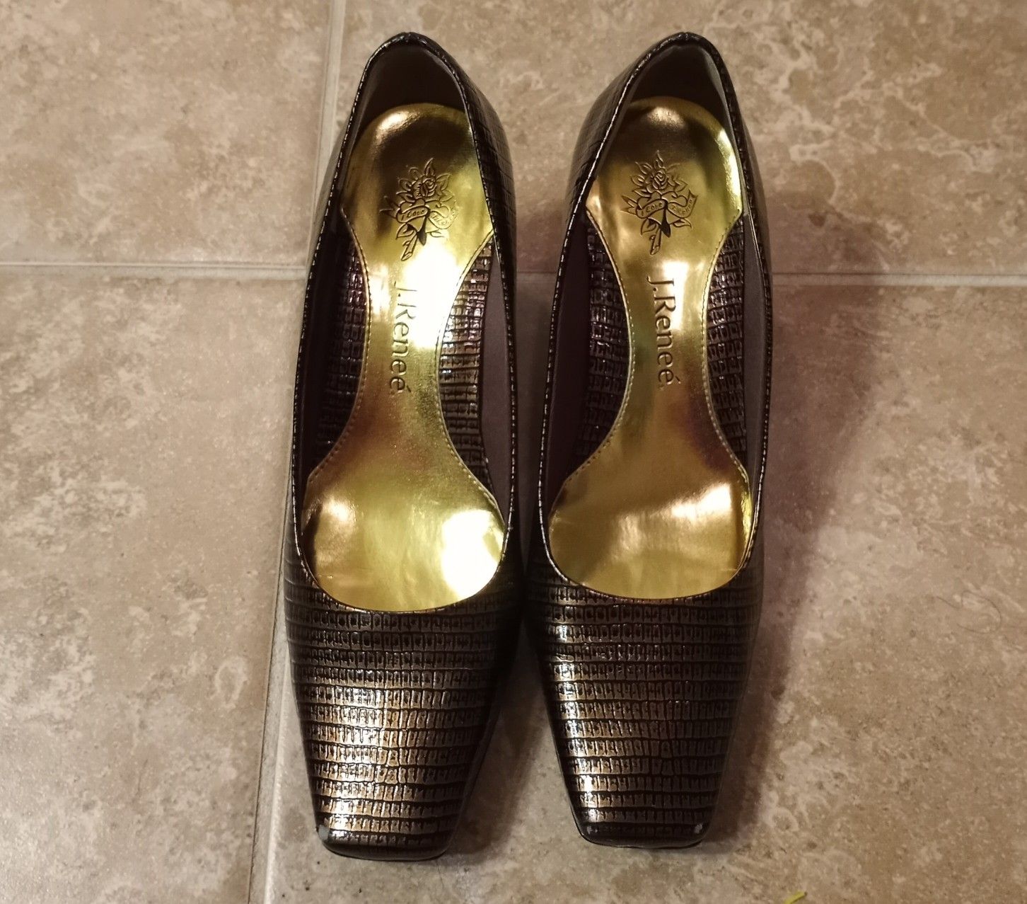 J. Reneé Mary Bronze Lizard Print Block Heels Sz. 6½