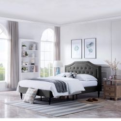 New Modern Upholstered Queen Size Bed Frame with Button Tufted Headboard