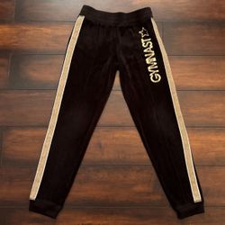 Little Girls Clothes Gymnast Sport Jogger Pants In Black Velour With Gold Glitter Stripe Accents Size 10