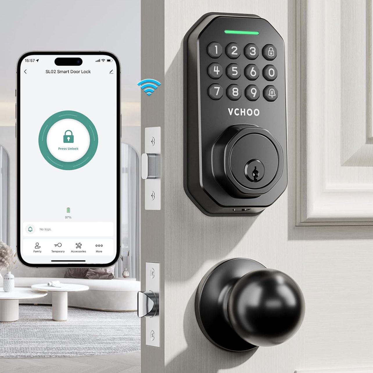 Keyless Entry Door Lock with Handle Wi-Fi Door Locks for Front Door Anti-Peeping Password App Control Smart Door Lock